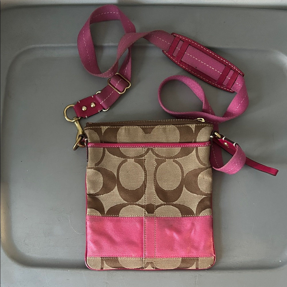 Vintage Coach Signature Brown and Pink Crossbody Bag